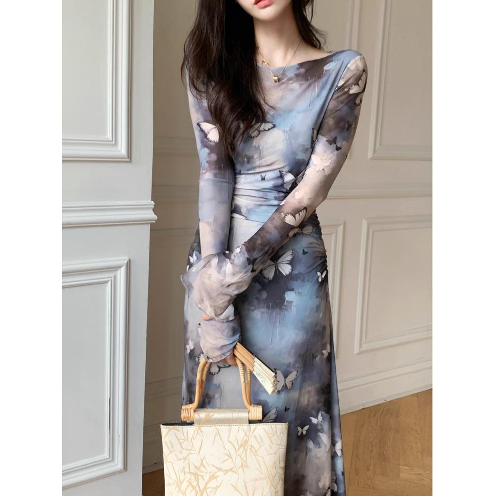 Autumn and Winter New Cold Mesh Yarn Long-sleeved Hip-wrapped Long Dress Butterfly Ink Printing Slim-fitting Long-sleeved Dress
