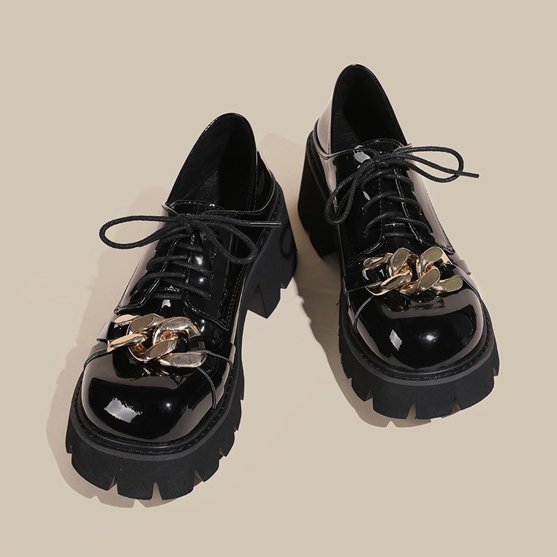 

3-3 платформа маффин маленькие кожаные туфли женские новые толстый каблук на шнуровке средний каблук туфли для униформы 43 чёрный