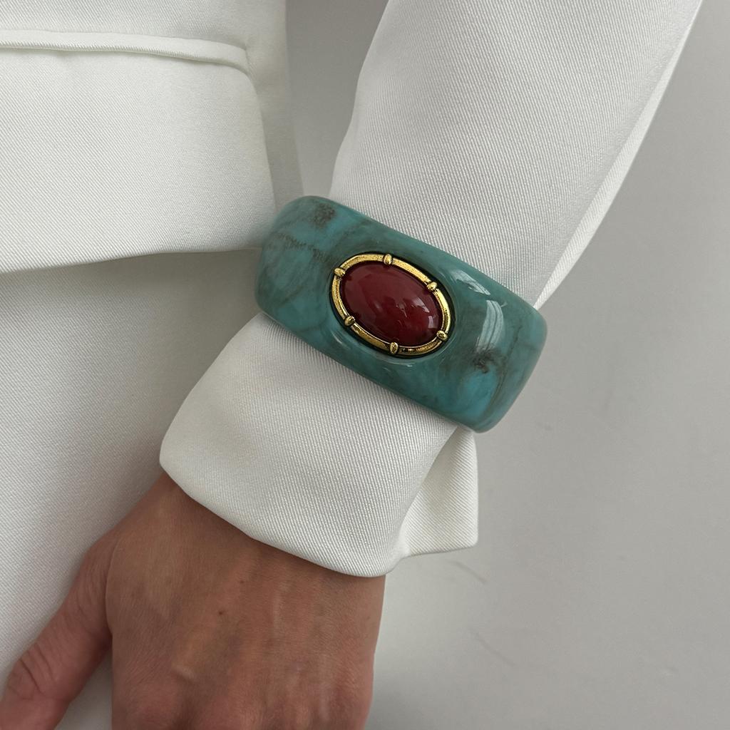 Salircon Vintage Exaggerated Inlay Red Stone Resin Acrylic Stack Bracelet Women Punk Geometric Chunky Wide Cuff Bangle Jewelry