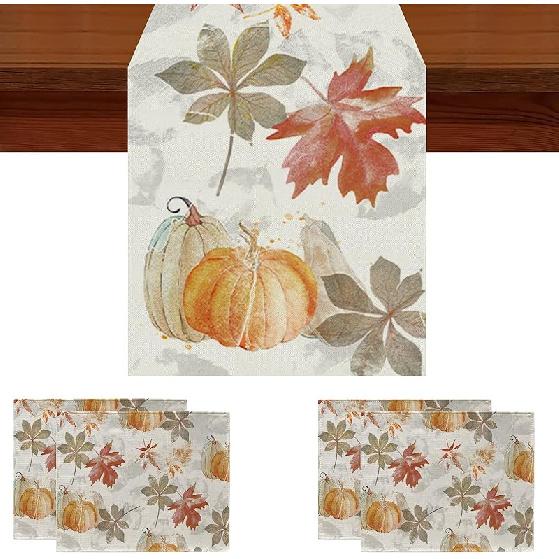 Fall Table Runner Pumpkin Maple Leaf Watercolor Vintage Table Runners Seasonal Autumn Thanksgiving Harvest Home Kitchen Dining Party Decorations