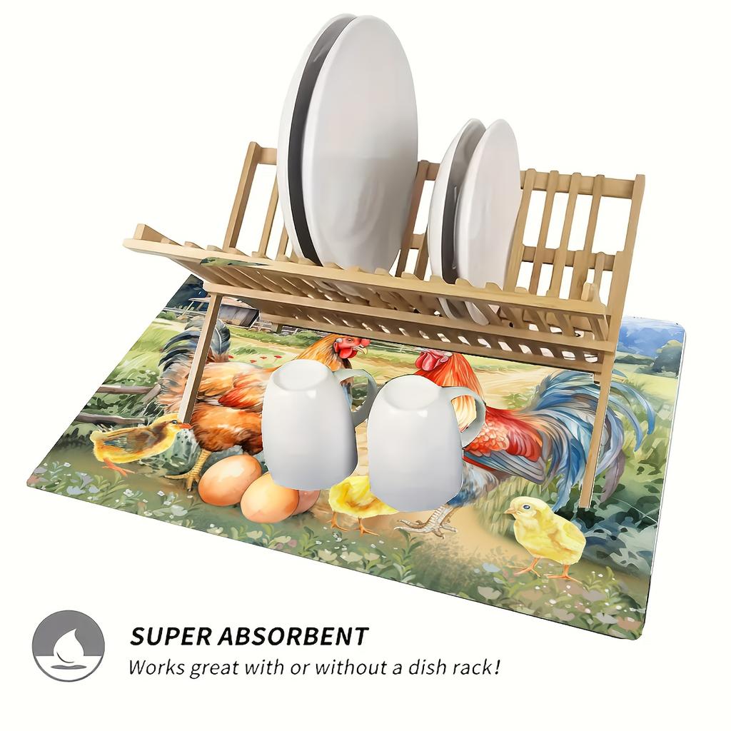 1 Stück Gummi-Abtropfmatte mit Hahn-Aufdruck für Café, Restaurant, Küche, Teppich, Tischgeschirr, langlebige Kieselgur-Tischmatte, Haustiermatte, Kaffeegeschirr