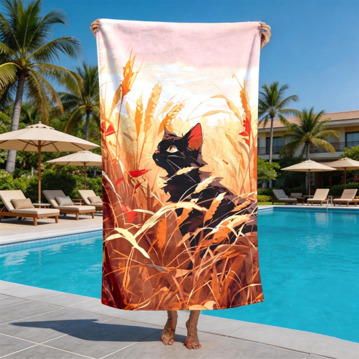 

Watercolor style sunset black cat polyester microfiber beach towel is highly absorbent, suitable for swimming and beach outings W40*H60(CM)