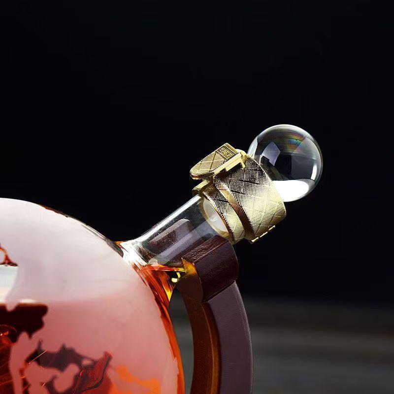 850ml Globe Decanter with Cup and Wooden Stand - Transparent Whiskey Bottle, New Model