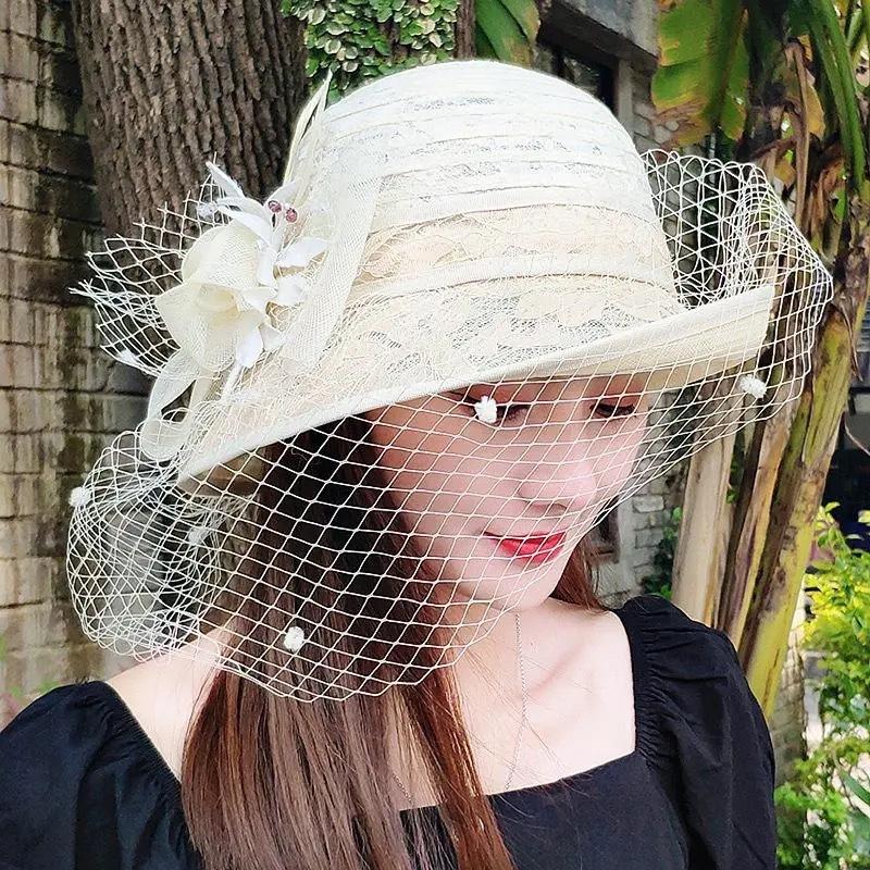 Summer hat women's curled edge elegant top hat face covering mesh sun protection sun hat retro fashion flower sun hat