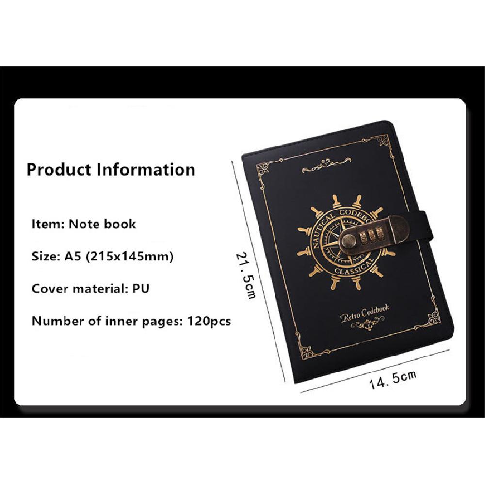 Black Pu Leather+Paper Notebook With Code Lock 215X145Mm Retro Diary Note Book