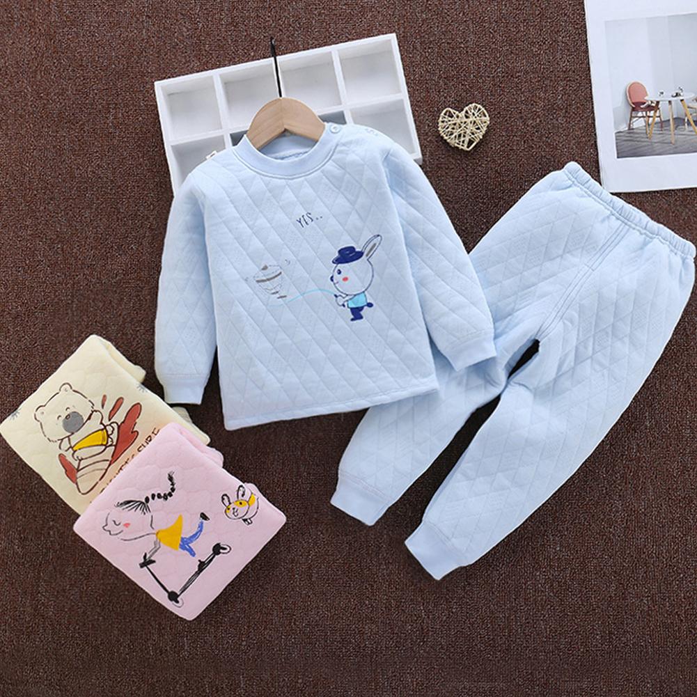Children Three-layer Cotton Thickening Warm Two-piece Long-sleeved Round Neck Cartoon Print Bottoming Shirt + Trousers