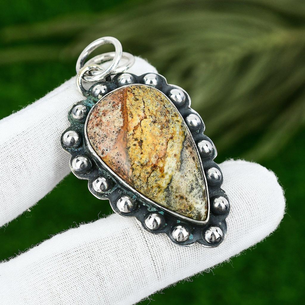 Pear Picture Jasper Stone Sterling Silver Ethnic Bezel Trendy Boho New Pendant