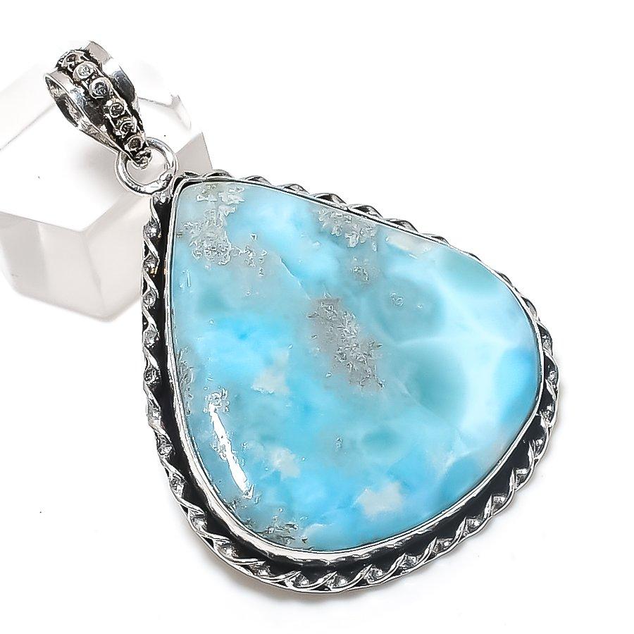 Natural Larimar Gemstone Handmade 925 Sterling Silver Jewelry Pendant 2.17" m4O88