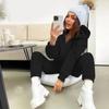 Women Solid Color Long Sleeve Hooded V Neck Hoodies Suit Autumn Winter Loose Top Wide Leg Pants