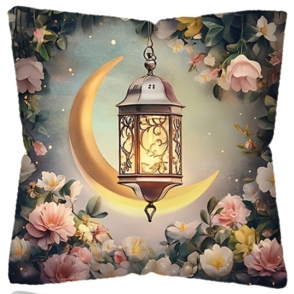 Ramadan Cushion Covers Lantern Floral Designs with Green Plants Printed Square Pillowcase Zipper Closure for Living Room Decor