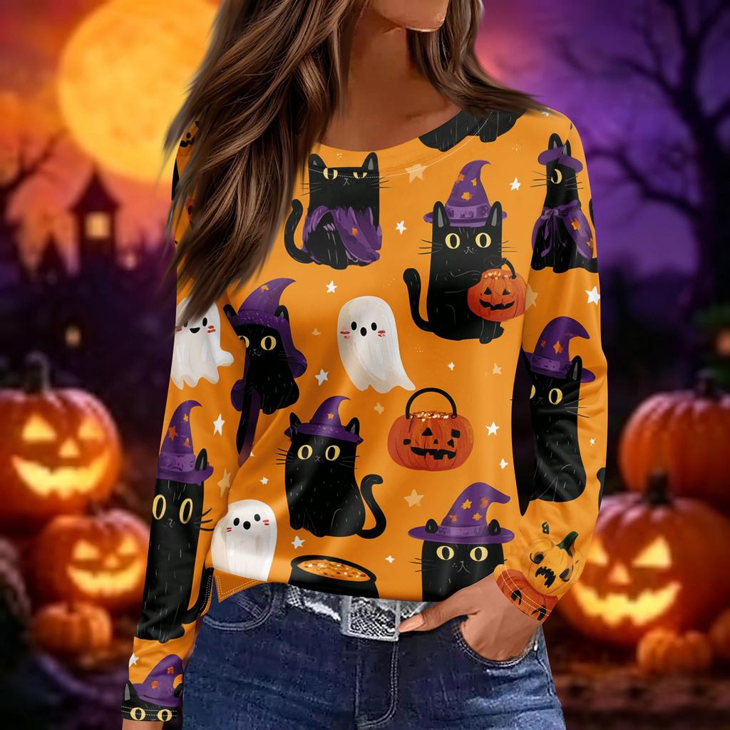 Women's Fashion Long Sleeve Neck Top with Hem Split and Halloween Print for Fall Daily Wear