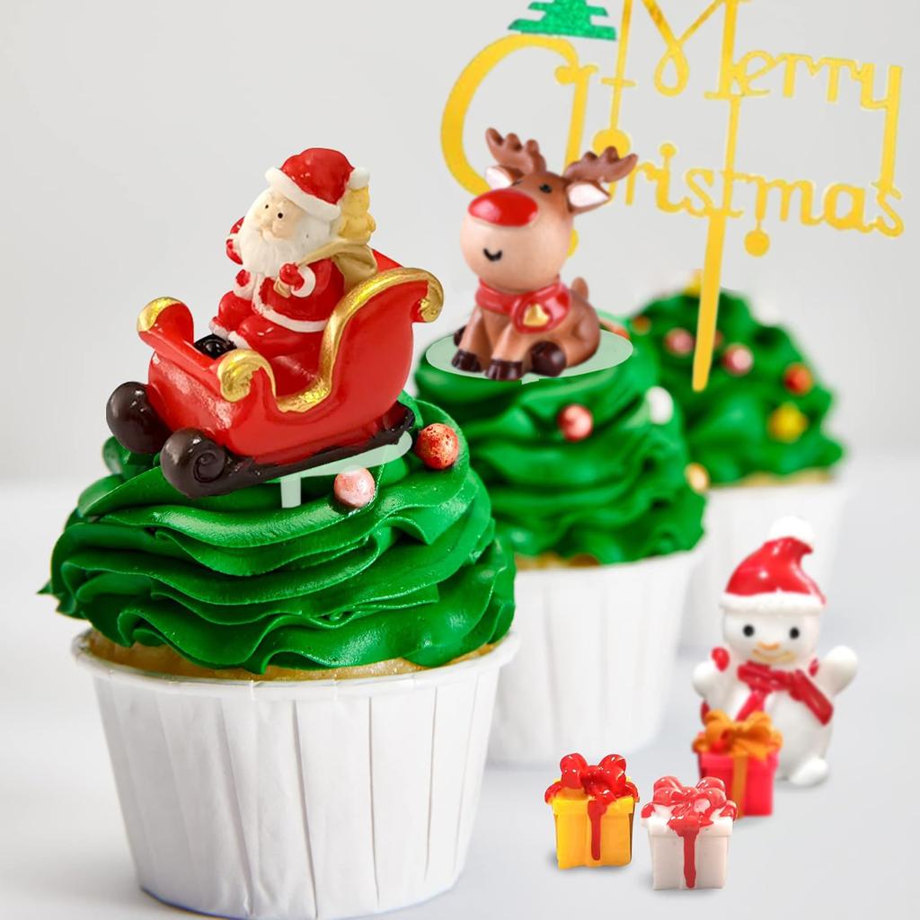 Christmas Cake Topper with Craft Christmas Tree Mini Santa Sleigh Reindeer, Snowman Cake Decoration and Xmas Party Ornaments
