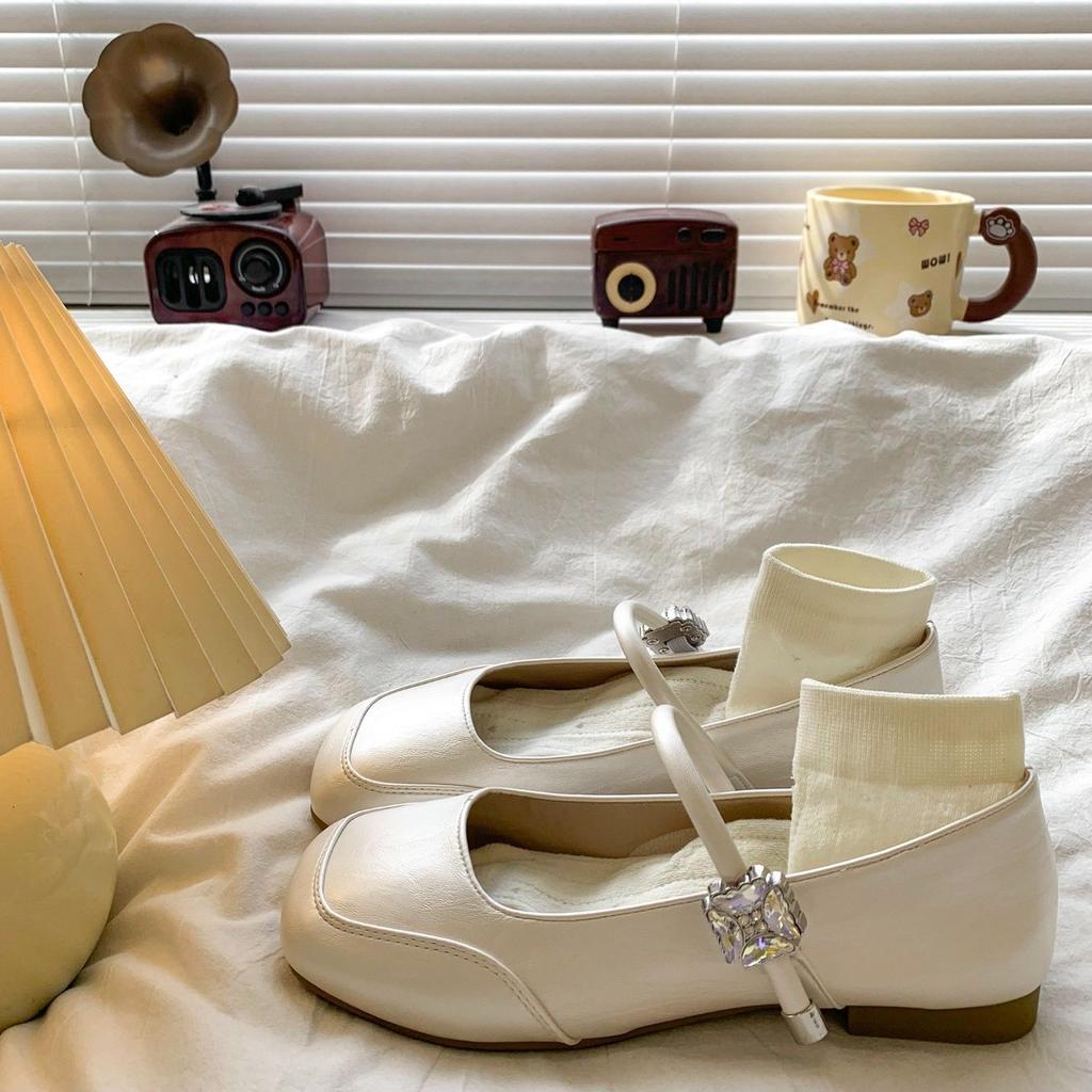 French three-color optional evening wind Mary Jane shoes 2025 autumn new flat-soled single shoes light mouth leather shoes