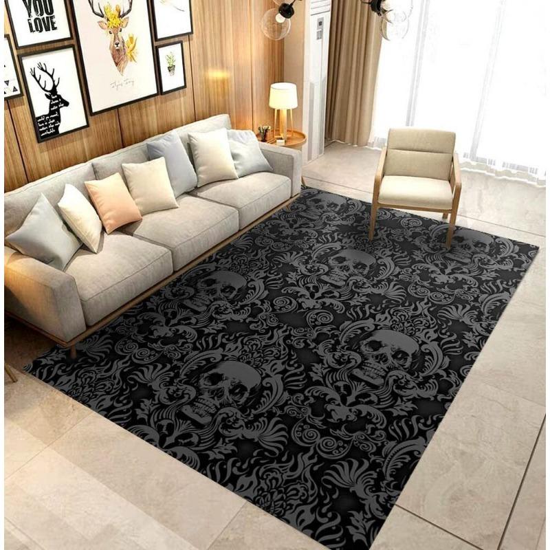 Vintage Black Gothic Skull Damask Halloween Area Rugs Carpet Bedroom Floor Mat Non-Slip Washable Cartoon Doormat Home Decor Rug