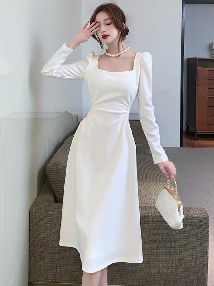 Spring and Autumn French Square Neck White Long Sleeve Dress Women's Clothing Waist Skinny Stunning Temperament A-word Long Dress Women