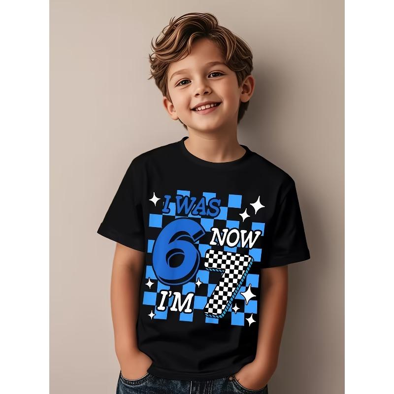 

European sizes 6 to 7 Years Old Birthday T-Shirt | I was 6, now 7 Blue Plaid Theme, Casual Crew Neck Short Sleeve Top | Perfect 164cm чорний