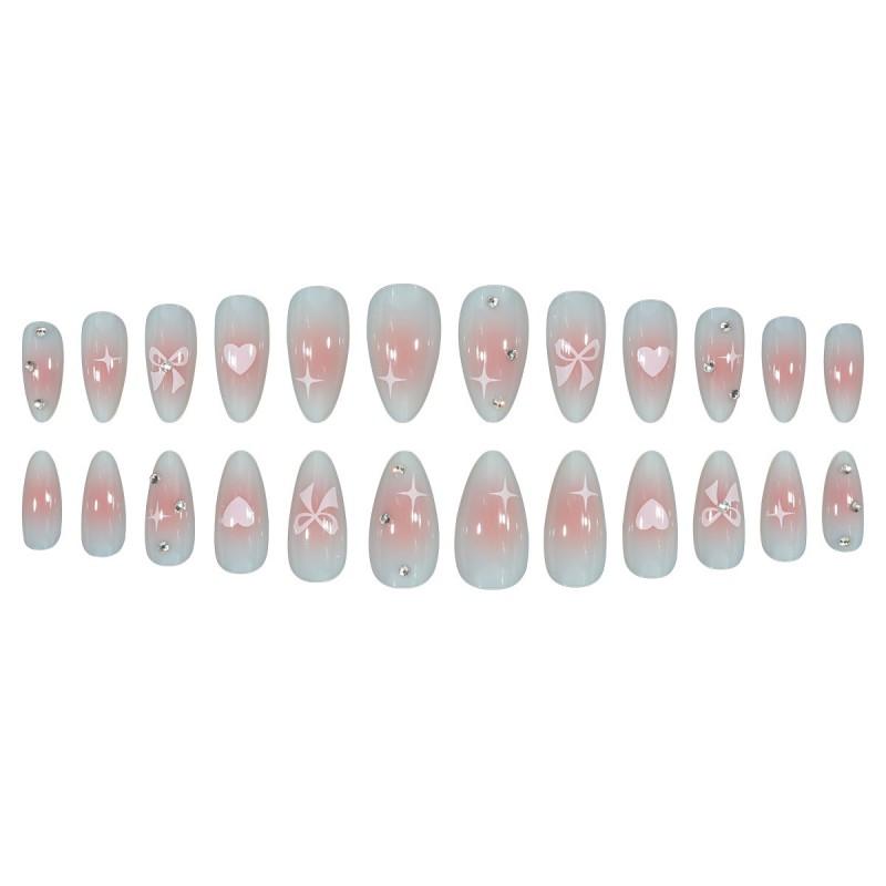 Almond Shape Press-On Nails With Heart Motif Bow Rhinestone Decor Sweet Style Gel Adhesive Or Jelly Glue
