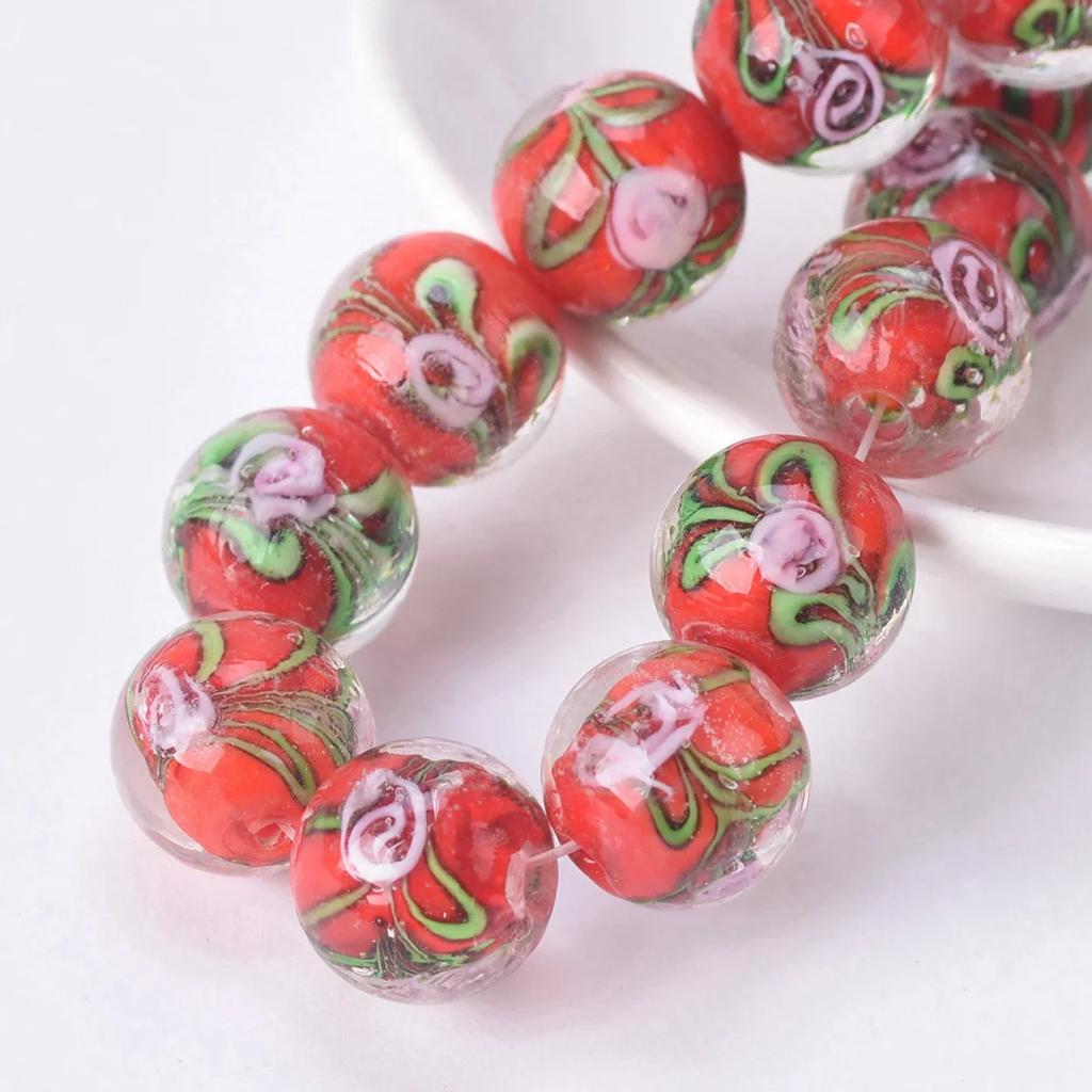 10pcs Round 12mm Flower Pattern Handmade Lampwork Glass Loose Beads For Jewelry Making Accessories DIY Crafts Findings