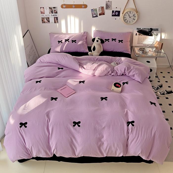 Girls Pink Bedding Set with Bow Korean Breathable Duvet Cover No Filler Flat Sheet Pillowcases Mix Color Comforter Cover Set