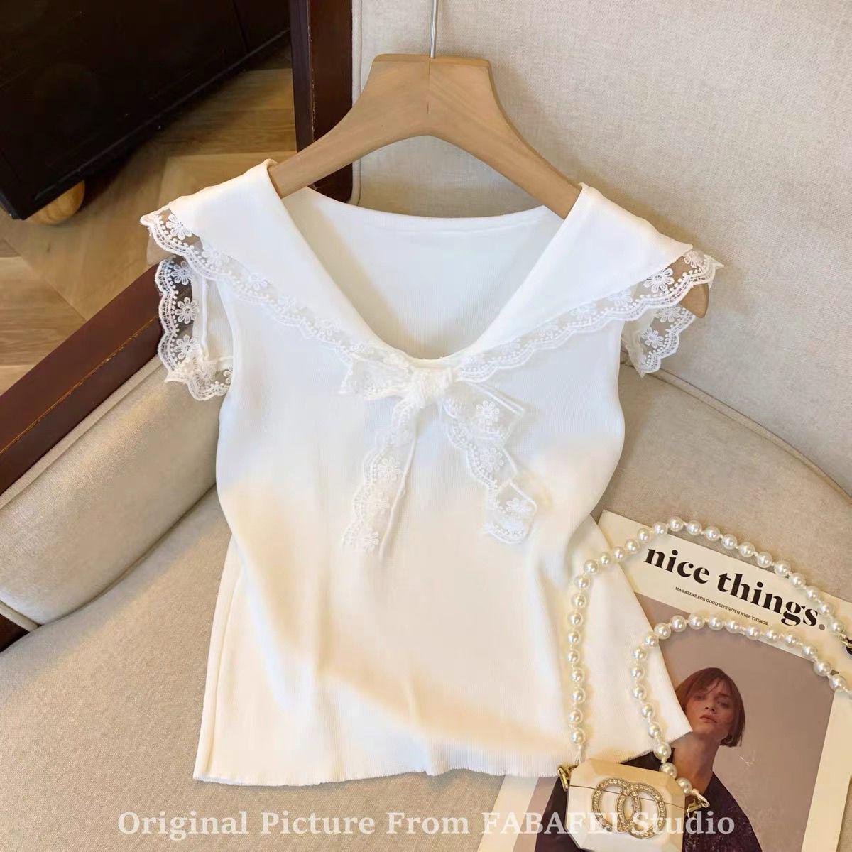 Women s Summer Sailor Collar Lace Trim Vest - Sweet Bow Waist-Cinching Sleeveless Top S 80-90 белый