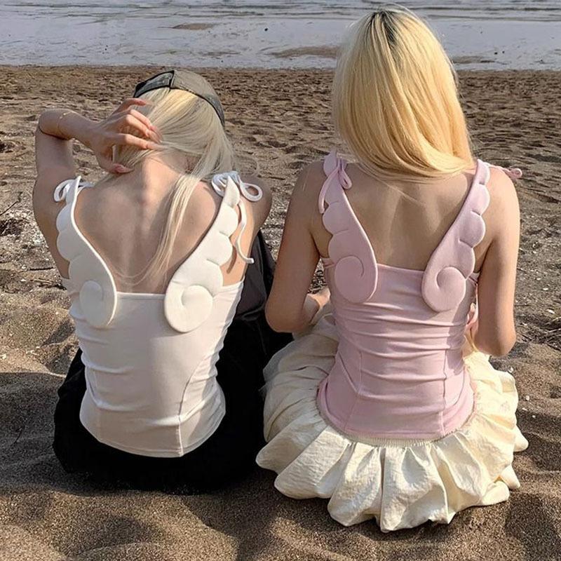Summer Sexy Solid Color Angel Wing Decoration Lace Up Tank Top