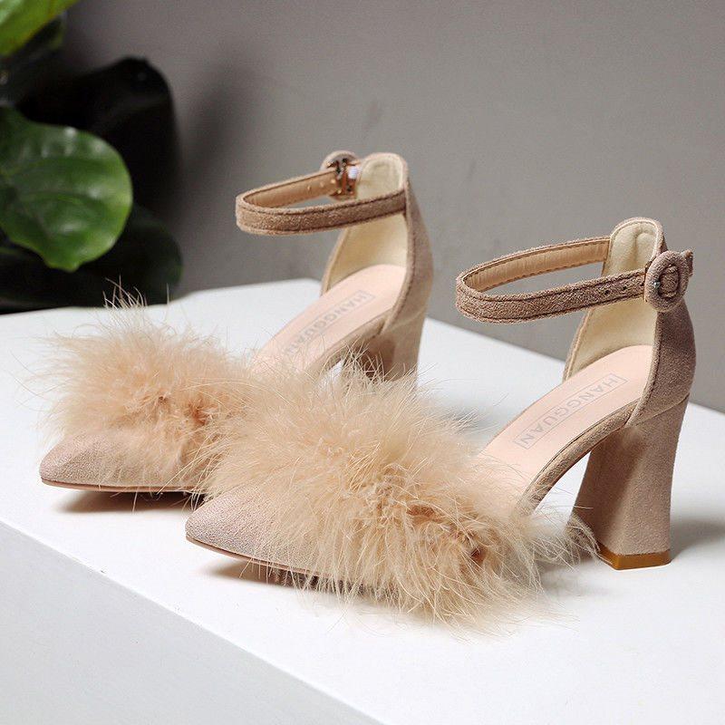 High heels autumn and winter Mao Mao women's shoes thick heel student versatile new pointed one-word buckle fashion single shoes tide