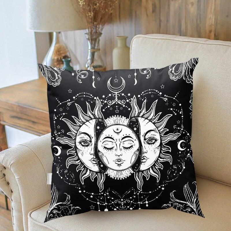 Tarotkarte Sonne Mond Sterne Schwarzweiß Mandala-Druck Kissenbezug Mysterium Wahrsagerei Dekoration Sofa Heimdekor Kissenbezug