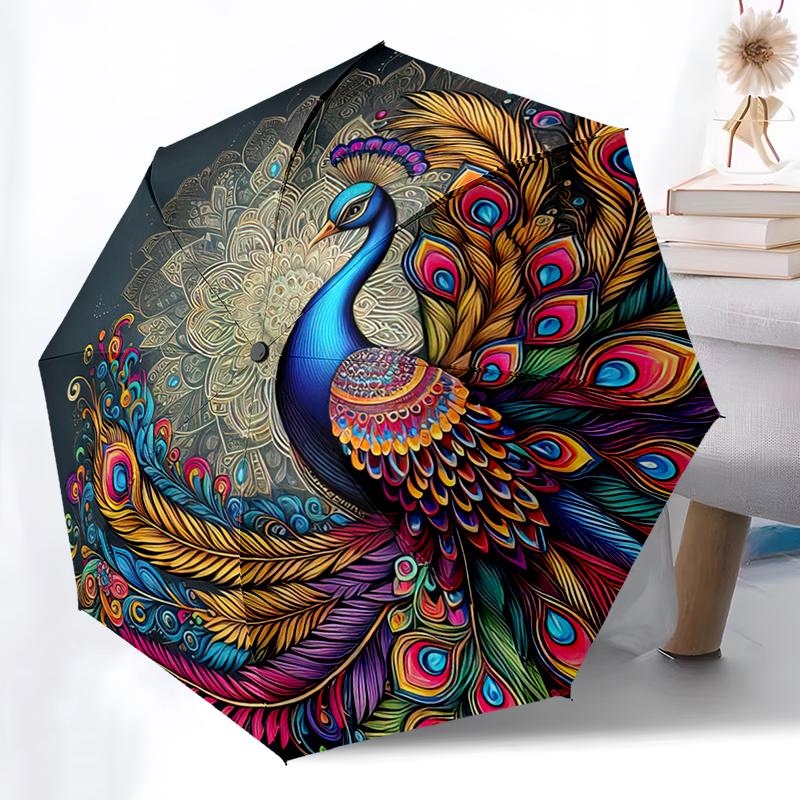 1pc Peacock, feathers pattern Umbrella Portable Folding Umbrella Iron Frame Hole Bone Structure Outdoor Home Umbrella