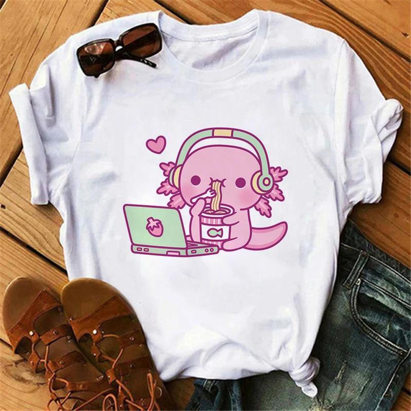 Funny Axolotl T Shirt Women Relaxolotl Kawaii Short Sleeve T-shirt Women's Clothing Summer Tops Y2k Casual Cartoon Graphic Tee