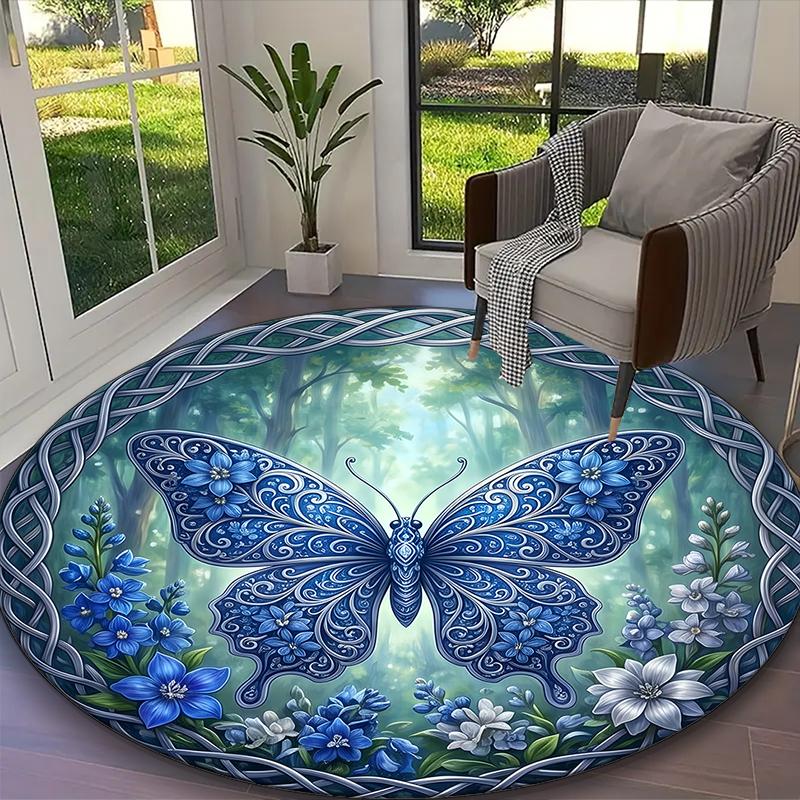 1pc Teal Checkered Butterfly Floral Printed Chair Rug for Home Office Use, Living Room Kitchen Game Room Round Carpet