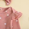 Girls' Heart Print Waffle Romper Set: Long Sleeve Romper, Long Pants & Headband.