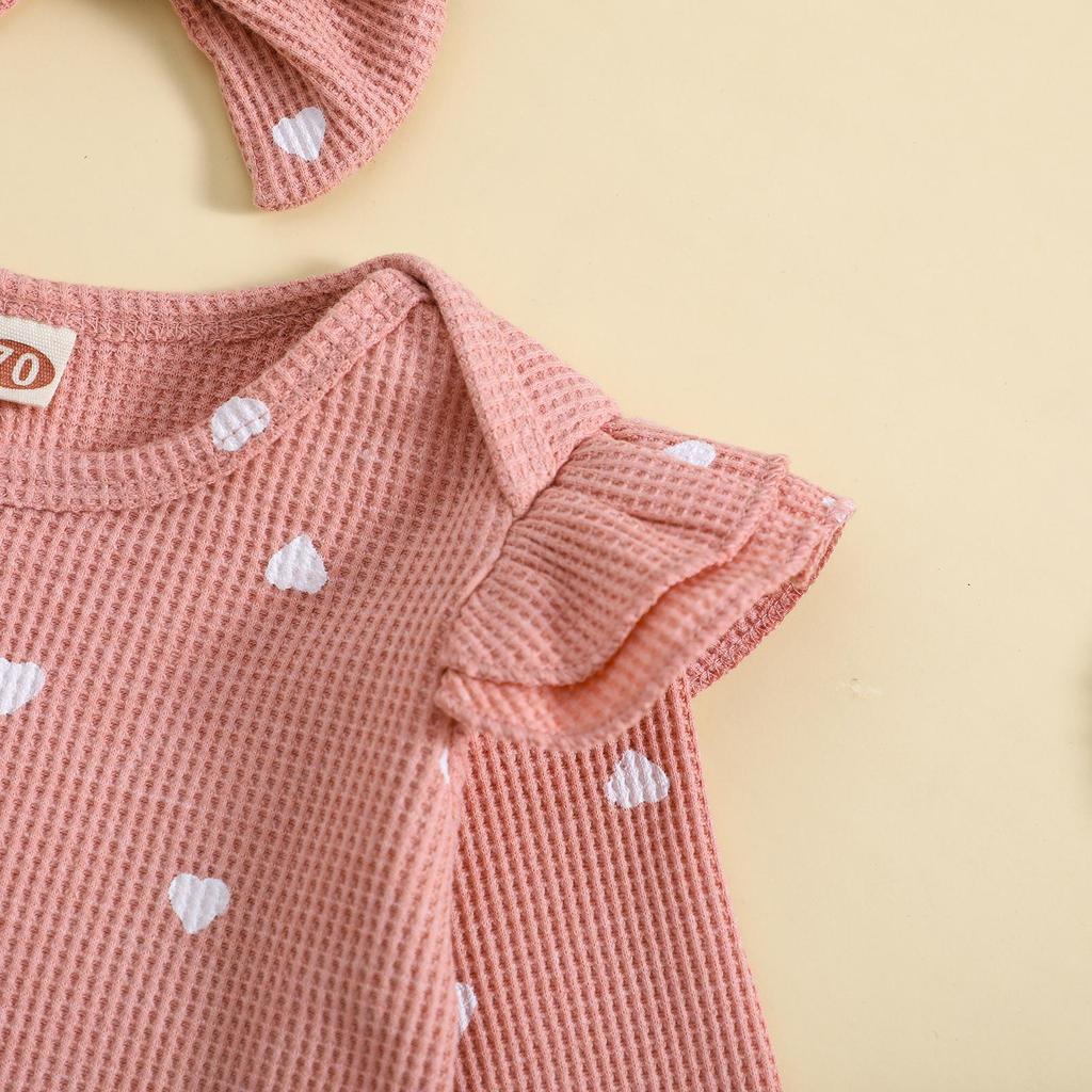Girls' Heart Print Waffle Romper Set: Long Sleeve Romper, Long Pants & Headband.