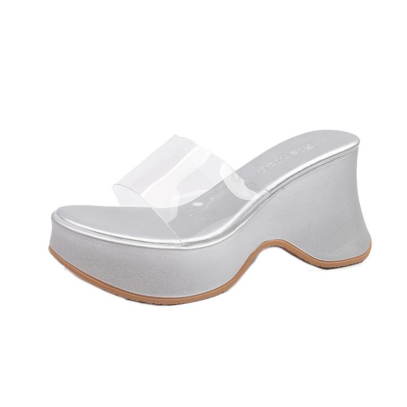 In the summer of 2025, the new thick-soled one-word transparent belt slippers with wedge heels and high-heeled sandals wear muffin women's shoes