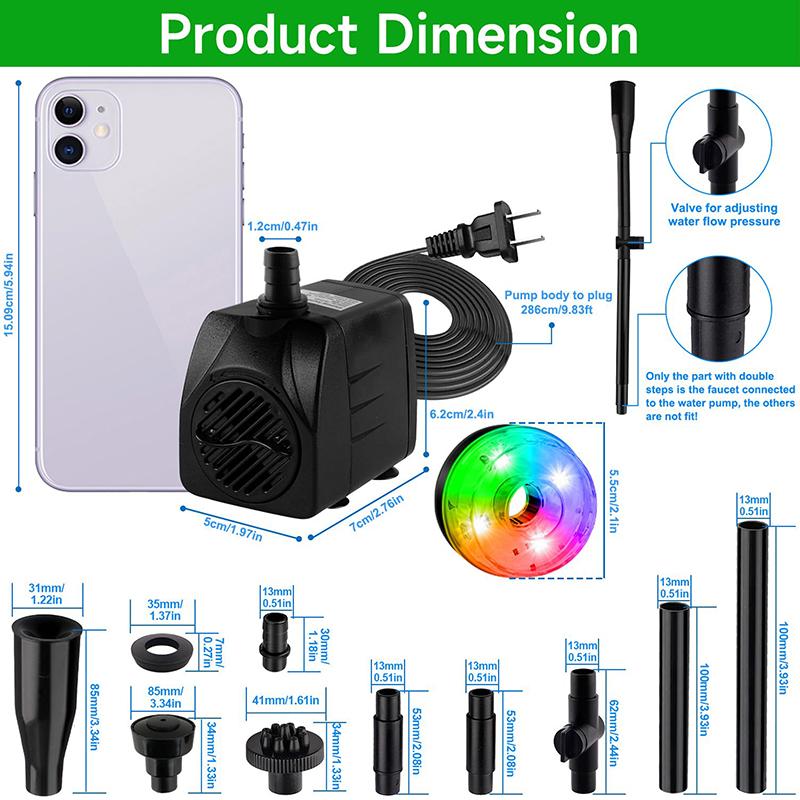 15W 800L/H Submersible Pond Fountain Pump With Led Lights, Ultra Quiet Water Pump, Pond Fountain Pumps For Small Pond