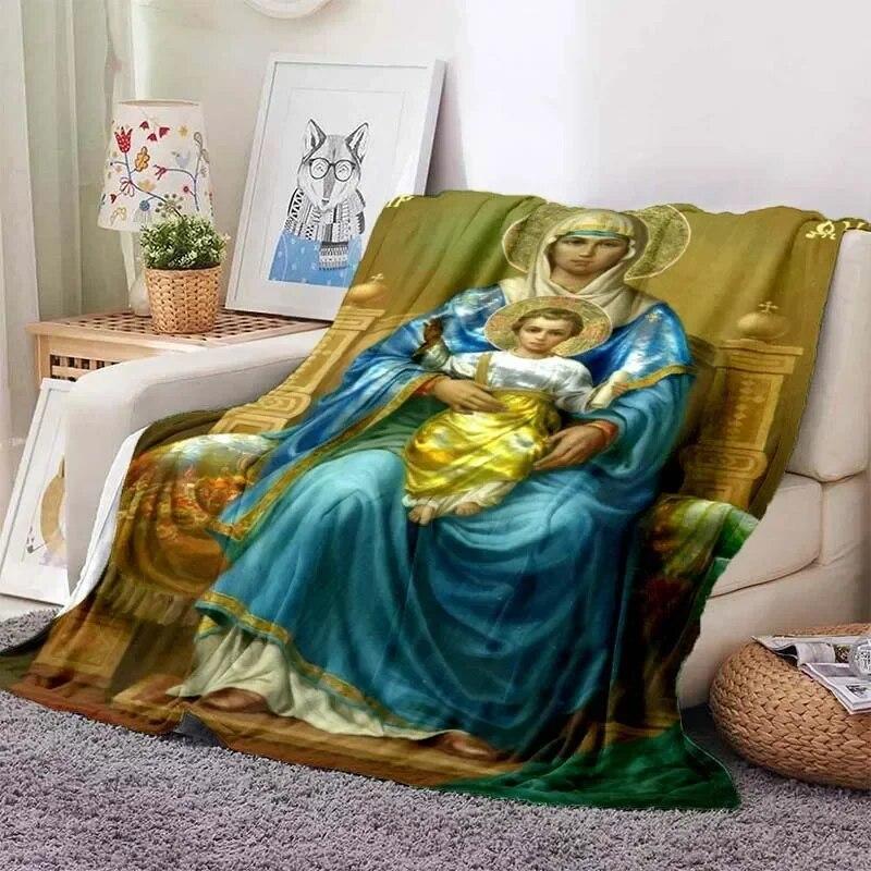Virgin Mary Flannel Blanket Fluffy Lightweight Fleece Throw Blanket Comfort Soft Warm Baptism Cozy Nursery Bedding Decor Bedroom