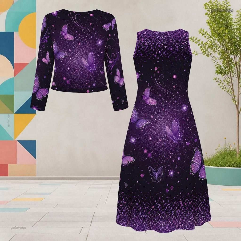Women Plus Size Black Printed Two Piece Dress Set Round Neck Long Sleeve Cardigan Sleeveless Long Dress