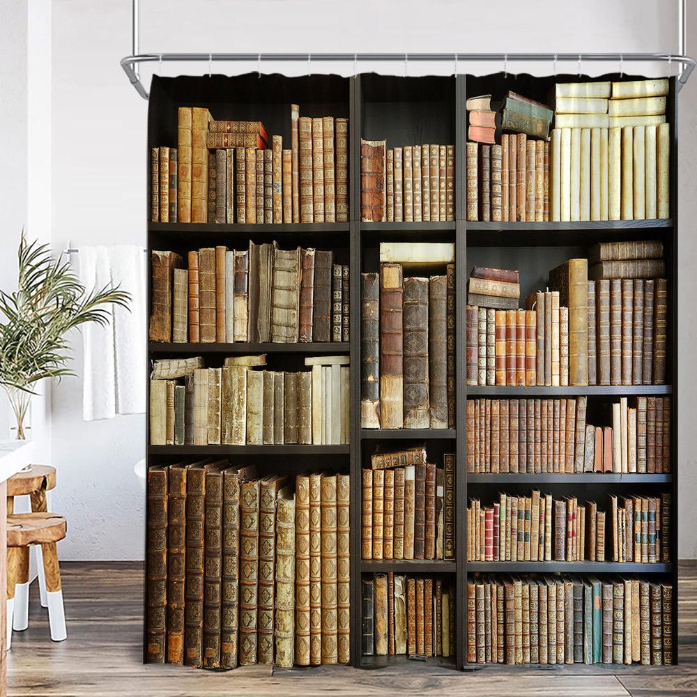 Vintage-Bücherregal-Duschvorhang, Bücherregal, Bücher, Retro-Arbeitszimmer, Badezimmerdekor, Zaubererzimmer, Polyester-Badewannenvorhang