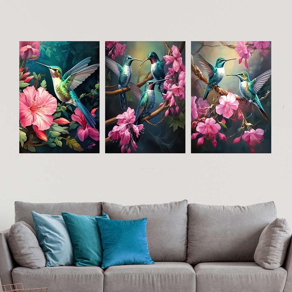 Modern Glam Rahmenlos Kolibri Vogel Tierdruck Wandbehang Dekoration Rosa Blumen für Wohnzimmer, Wanddekor, Ohne Rahmen
