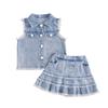 Little Girls Summer Clothing Set Fashionable Solid Color Denim Tank Tops with Ruffle Skirt 2Pcs Outfit