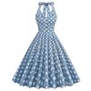 Women's sexy mid-length flared dress with a lapel collar, open front, checked pattern, halter neck and open back