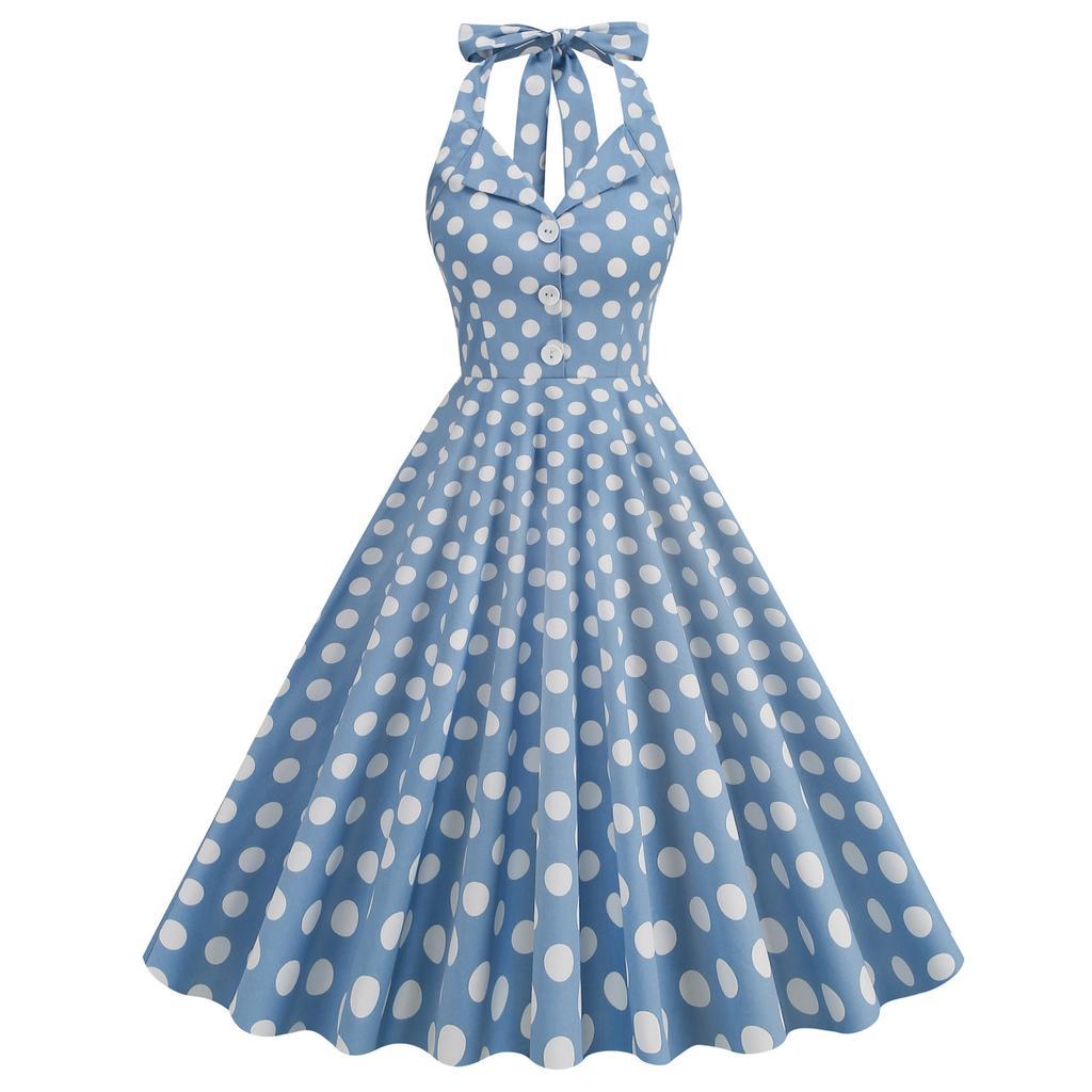 Women's sexy mid-length flared dress with a lapel collar, open front, checked pattern, halter neck and open back