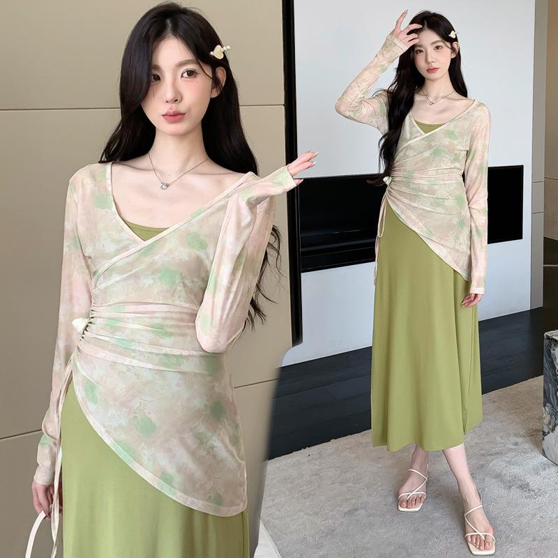 In Stock Elegant Chinese Style Maternity Mesh Set - Spring 2026 Collection Spaghetti Strap Dress 2XL