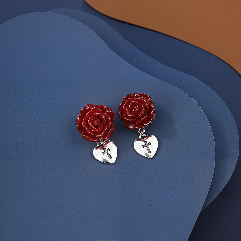 Retro French Dark Valentine s Rose Heart Cross Stud Earrings - Creative Luxury Ear Jewelry