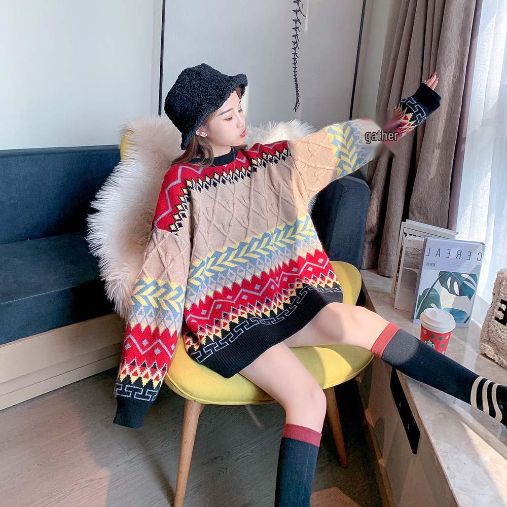 Autumn/Winter 2023 Women's Colorful Pattern Loose Knit Sweater - Round Neck, Long Sleeve Pullover