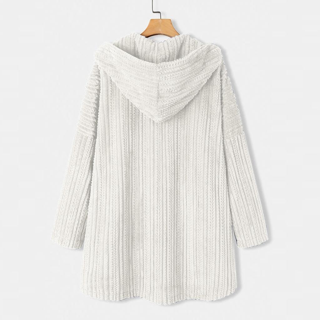 Women's Loose Button Plush Hooded Color Long-sleeved Mid-length Coat