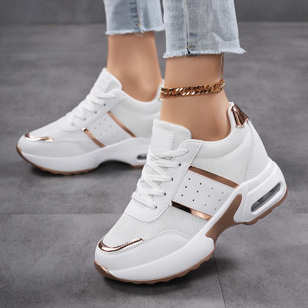 Sneakers Women Wedge Shoes Casual PU Leather Lace Up Anti-Slip Vulcanized Shoes Outdoor Breathable 4cm High Heel Platform Shoes