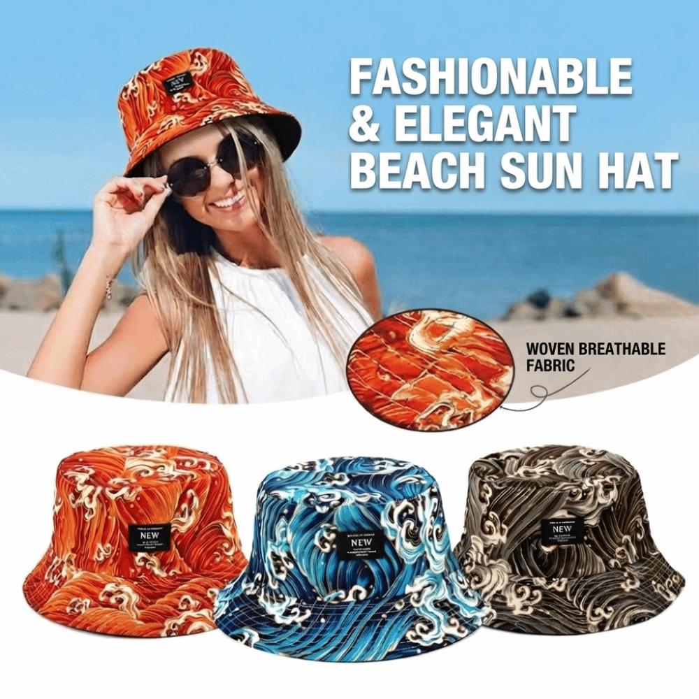 Trendy Packable Reversible Bucket Hat Sea Waves Pattern Lightweight Sun Hat Uv Protection Durable Beach Cap For Men Women