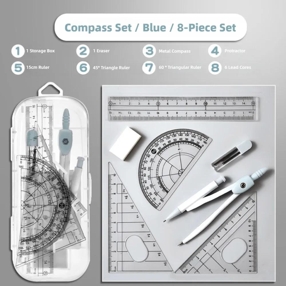 8PCS/Set Plastic Ruler Compasses Set Transparent Eraser Protractor Straight Ruler Set Square Drawing Tool School Office
