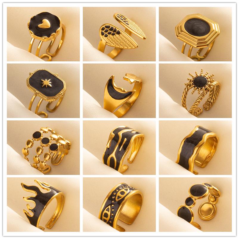 Balck Enamel Gold Plated Heart Fire Evil Eye Stainless Steel Ring Vintage Finger Jewelry Sun Moon Star Rings For Women Men Bague