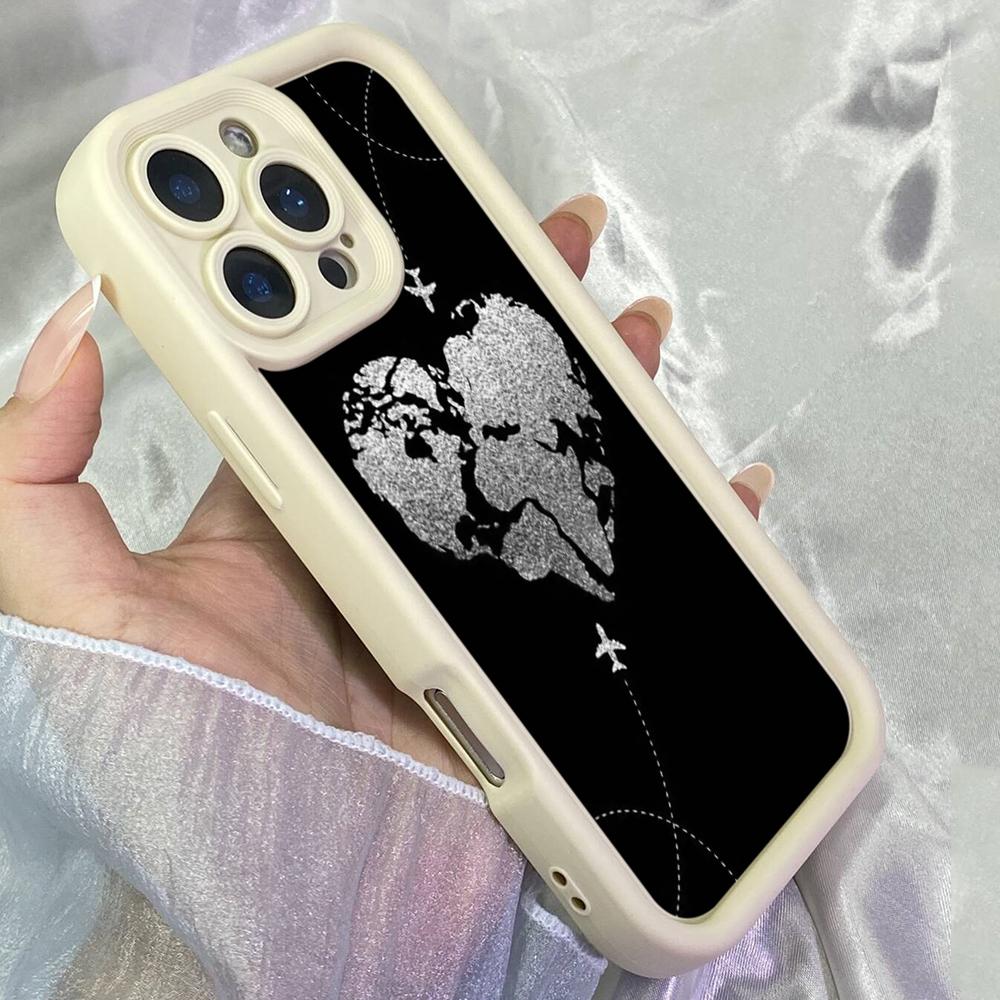 JT571 White & Black Heart World Map for iPhone 17 16 15 14 13 12 Pro Max Samsung S26 S25 Ultra A17 A07 A56 A16 A15 Xiaomi 15T Redmi 15c 14C Soft Case